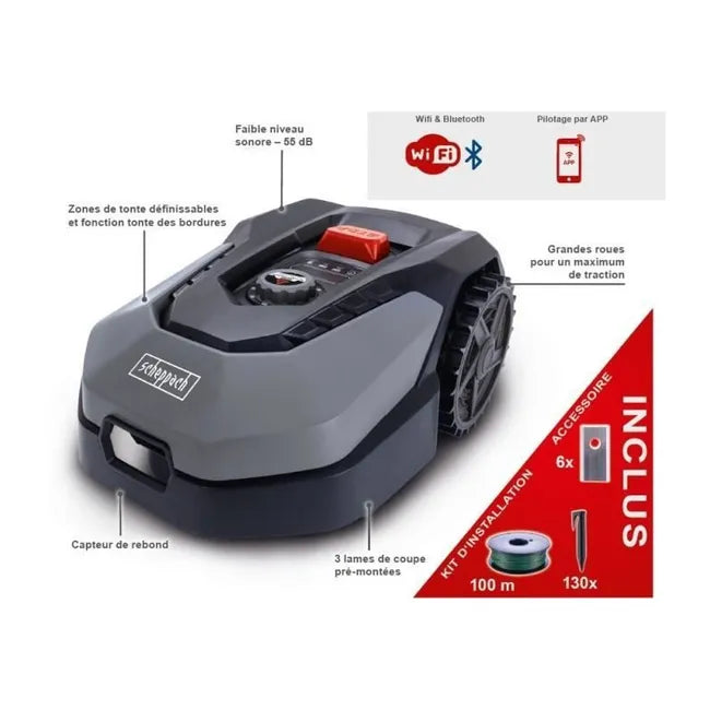 Robot tondeuse connecté 400m2 Scheppach RoboCut L500 avec station de recharge | Jusqu'a 400 m² | Capteur de pluie | WiFi & BT