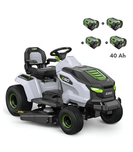 PACK Tracteur tondeuse autoportée à éjection latérale et mulching, 4 batteries 10Ah et chargeur rapide